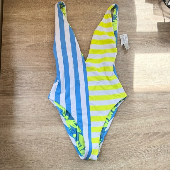 New Maaji Bluebell Stripe Kristi One Piece Swim Reversible Green Blue Small - Picture 7 of 17